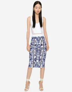 Majolica print midi skirt