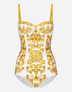 Majolica-print balconette one-piece swimsuit