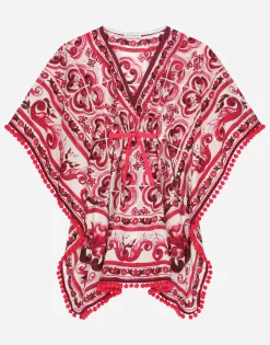 Majolica-print batiste caftan with drawstring waist