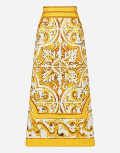 Majolica-print brocade calf-length skirt