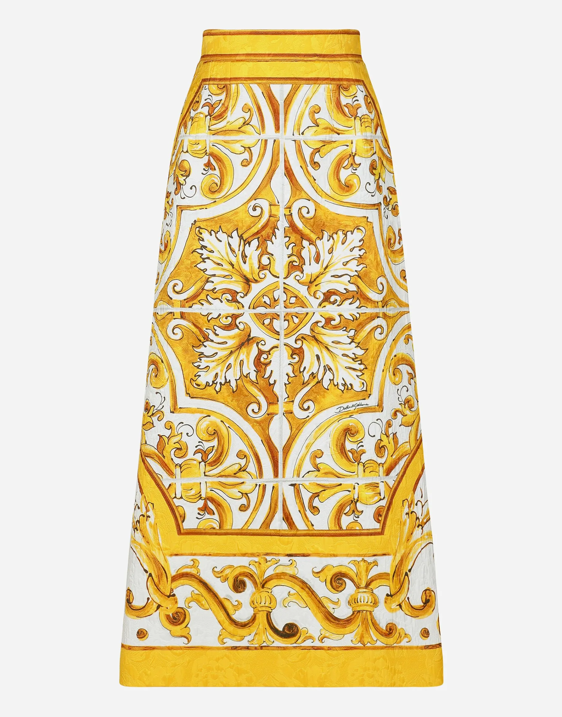 Majolica-print brocade calf-length skirt