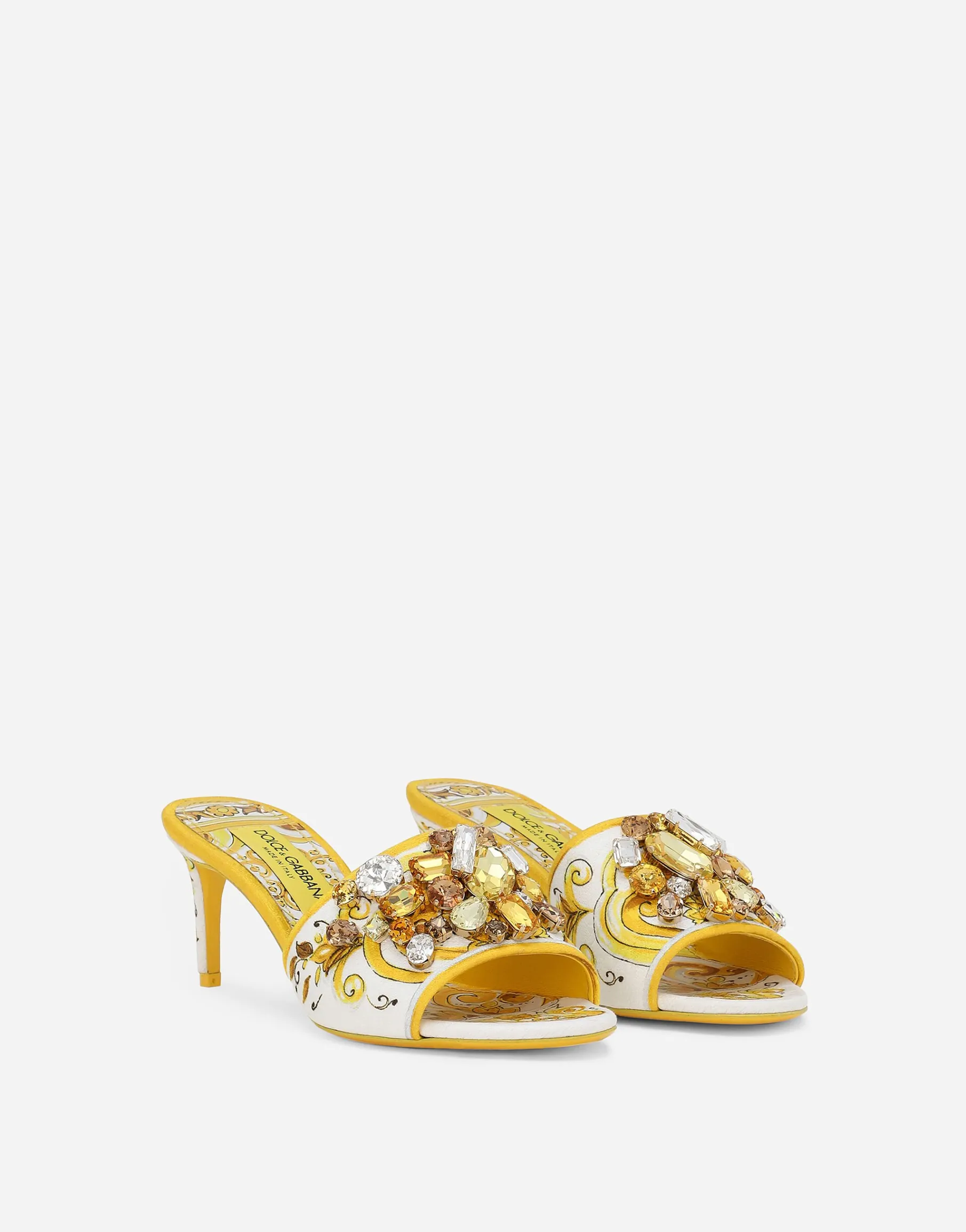 Majolica-print brocade mules with embroidery
