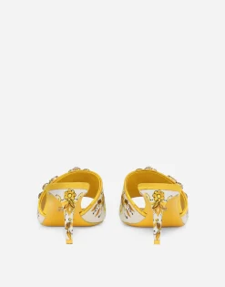 Majolica-print brocade mules with embroidery