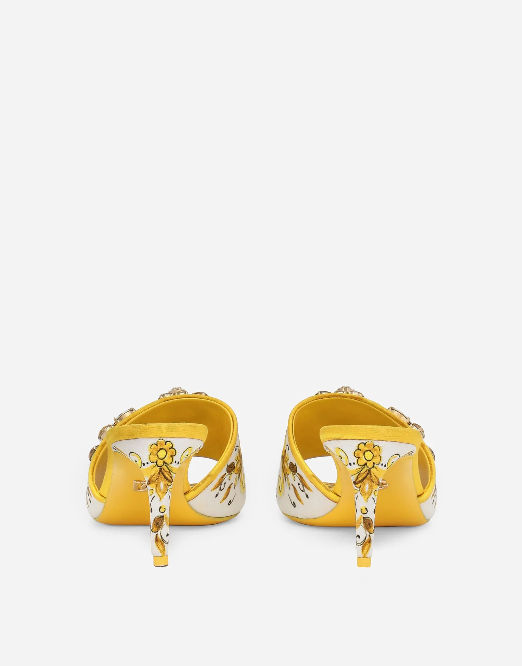 Majolica-print brocade mules with embroidery