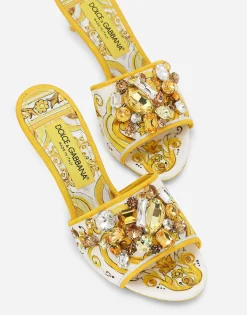 Majolica-print brocade mules with embroidery