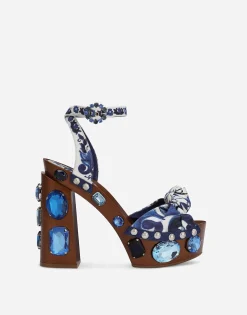 Majolica-print canvas wedge sandals with gemstones
