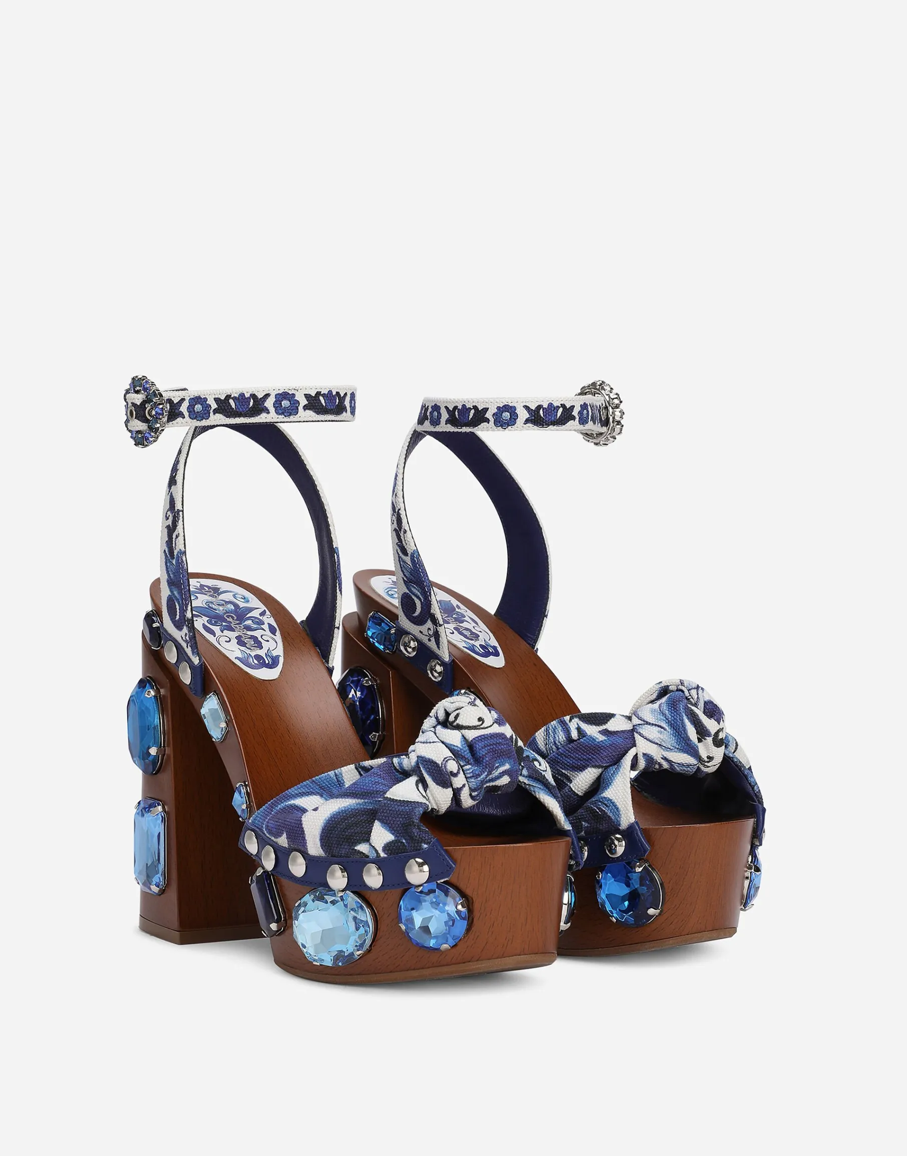 Majolica-print canvas wedge sandals with gemstones