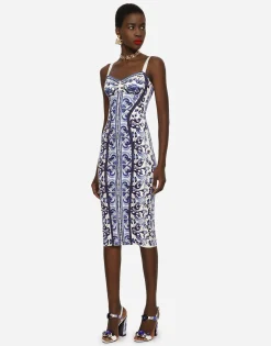 Majolica-print charmeuse bustier dress