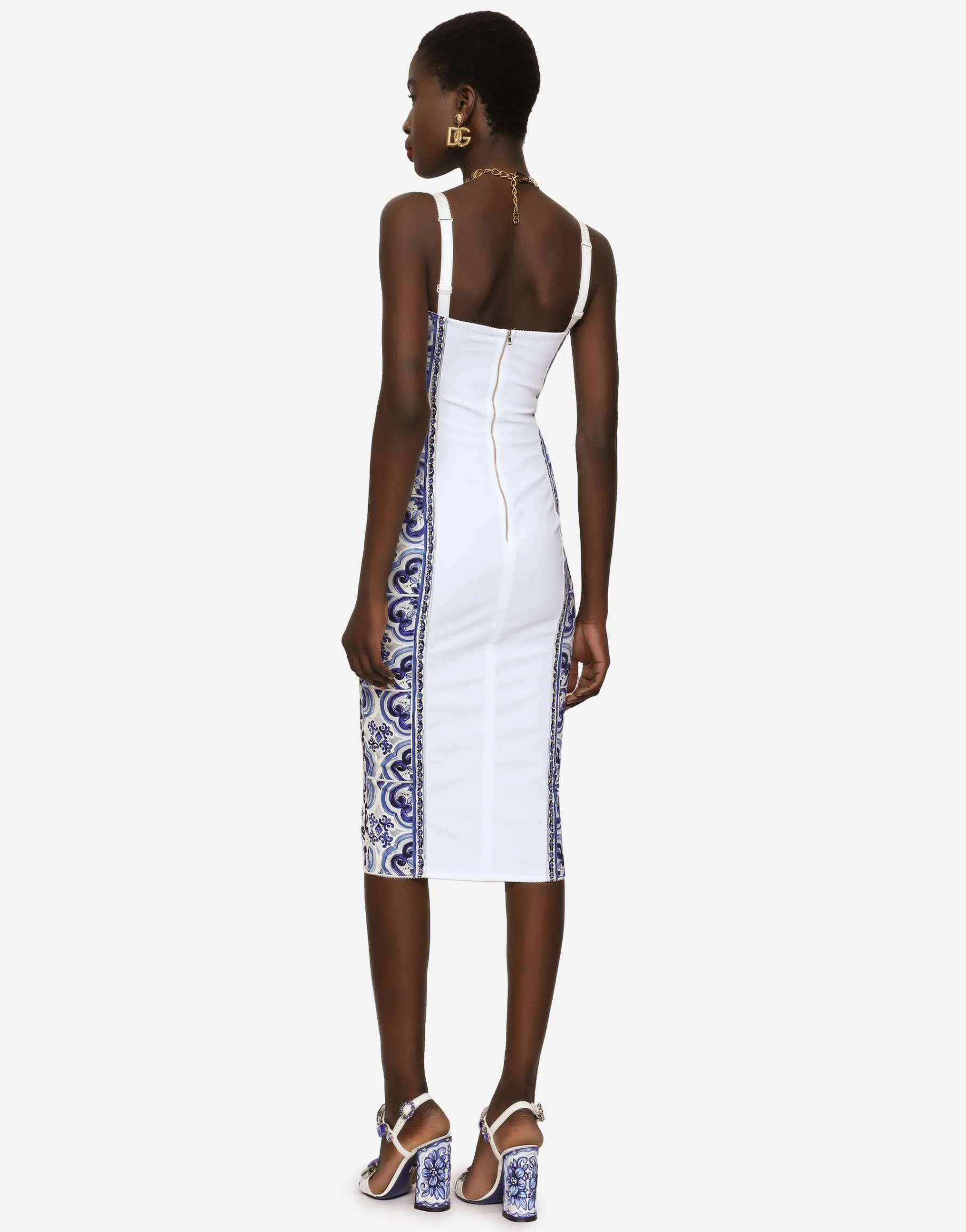 Majolica-print charmeuse bustier dress