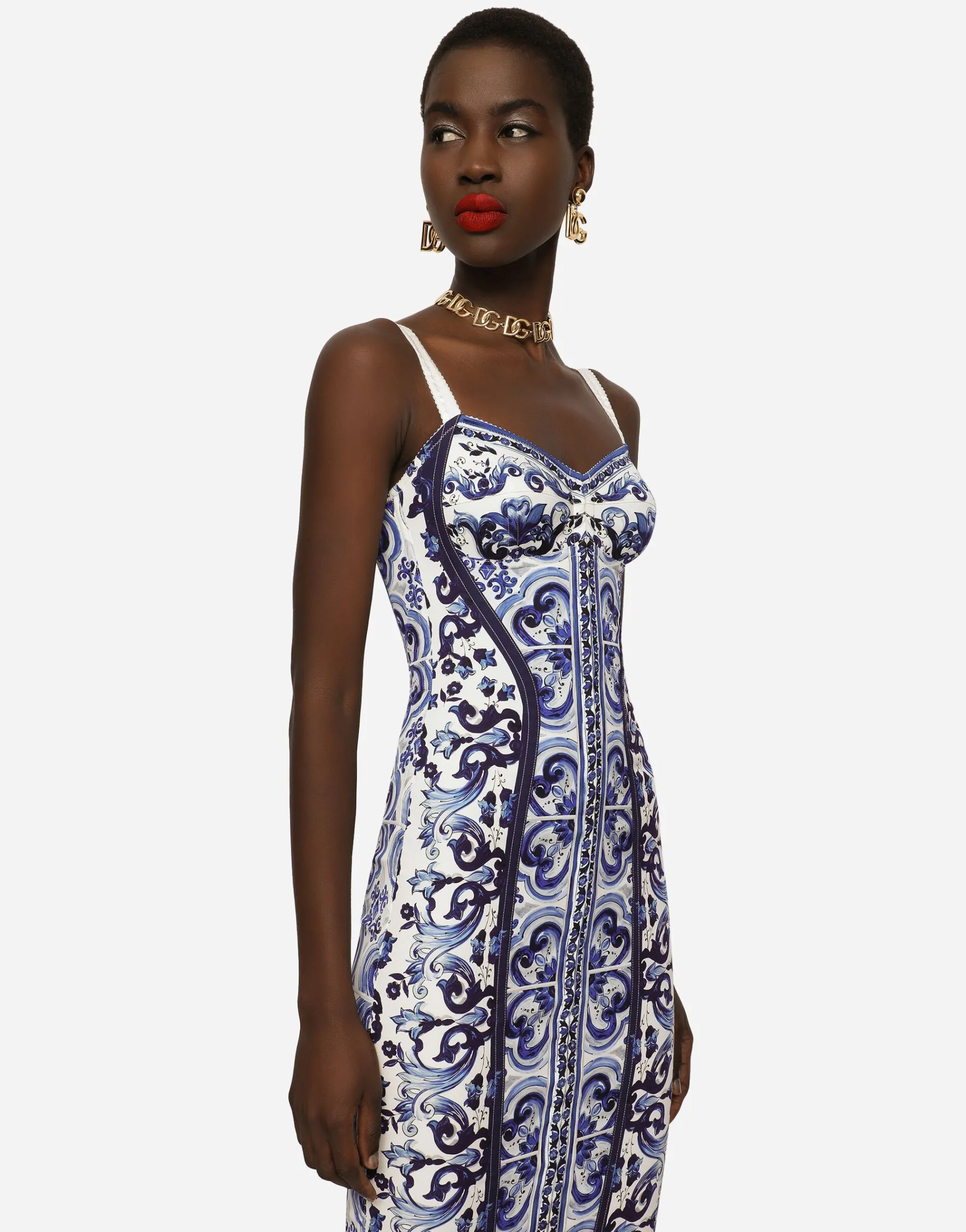 Majolica-print charmeuse bustier dress