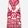 Majolica-print charmeuse calf-length skirt with slit