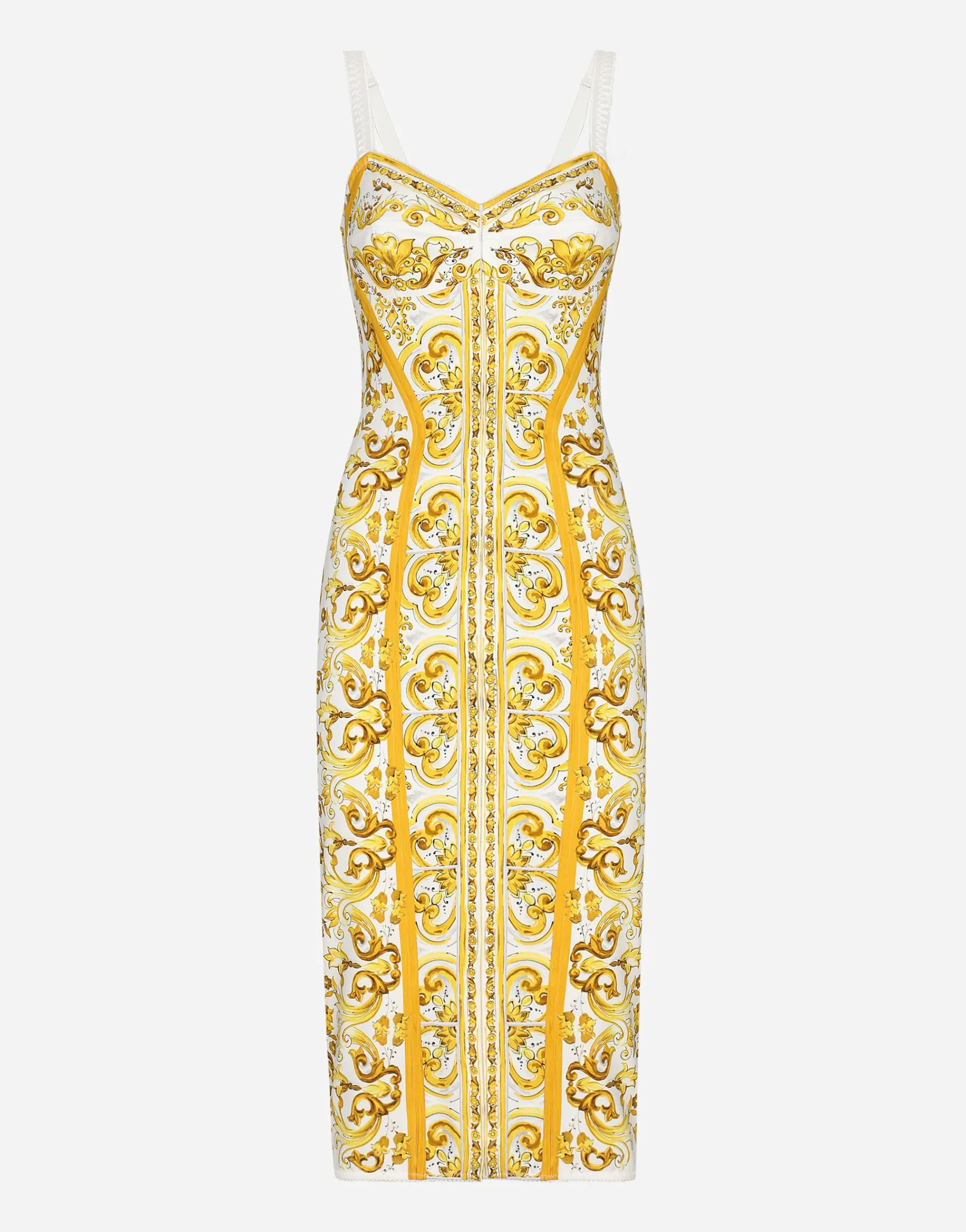 Majolica-print charmeuse corset dress