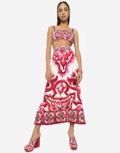 Majolica-print charmeuse calf-length skirt with slit