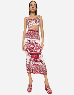 Majolica-print charmeuse calf-length skirt