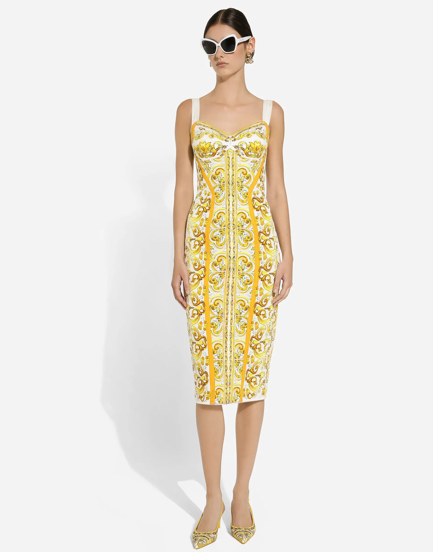 Majolica-print charmeuse corset dress