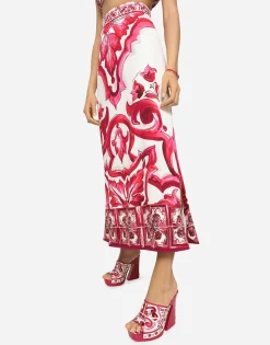 Majolica-print charmeuse calf-length skirt with slit
