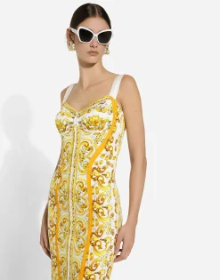 Majolica-print charmeuse corset dress