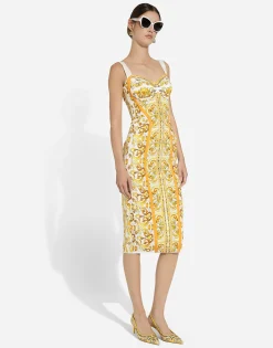 Majolica-print charmeuse corset dress