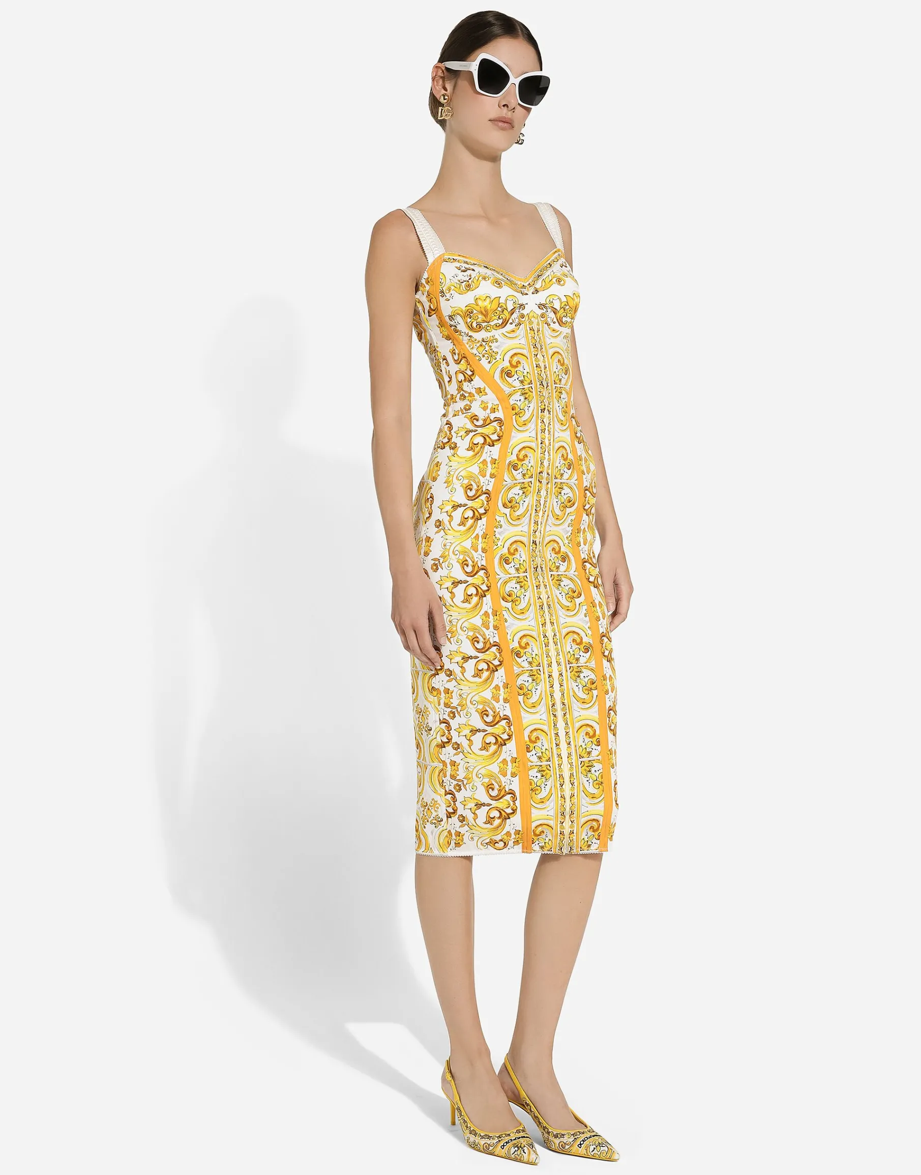 Majolica-print charmeuse corset dress