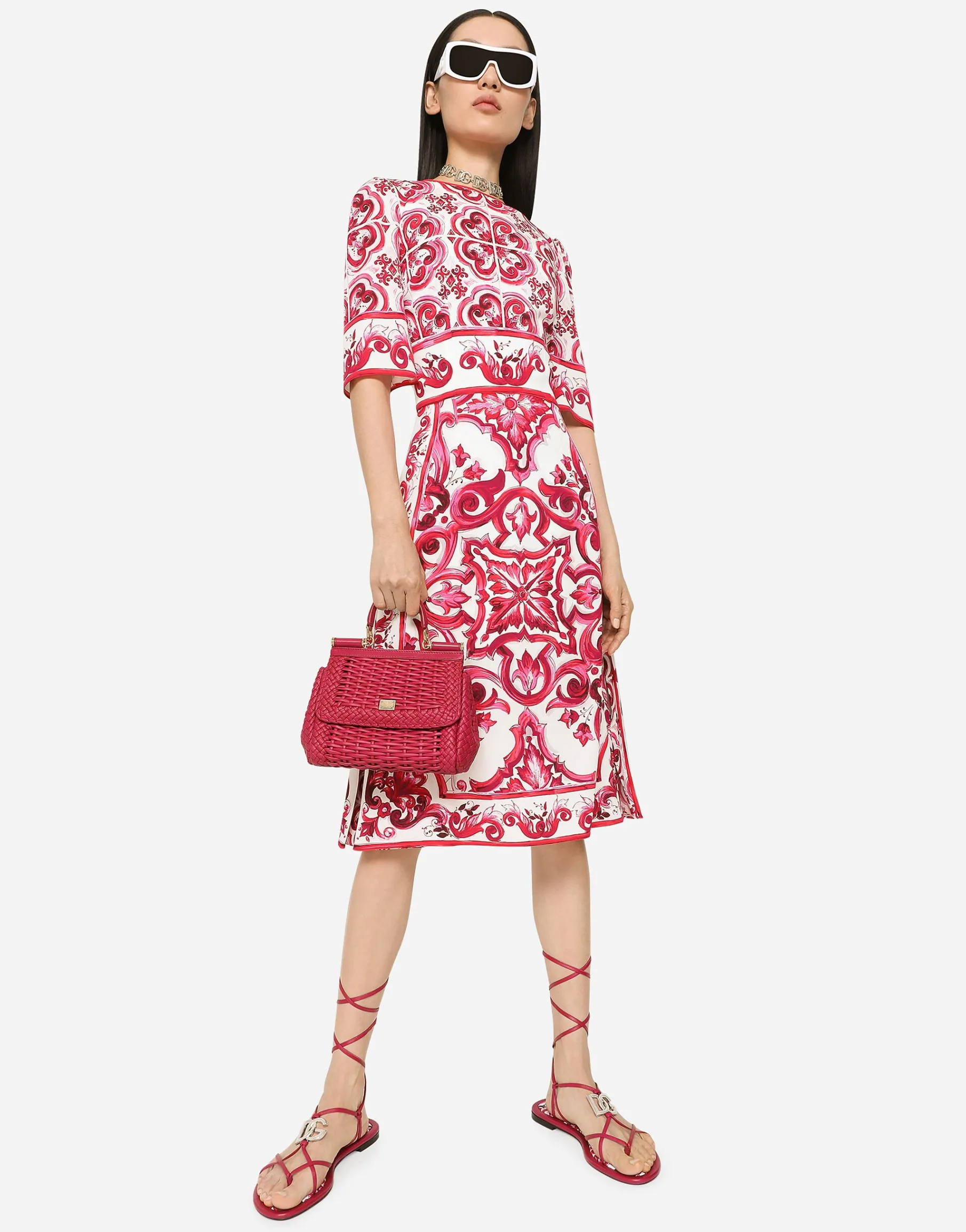 Majolica-print charmeuse midi dress