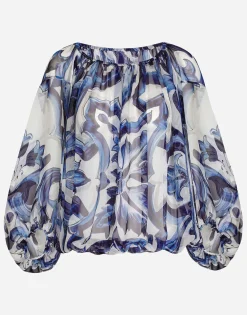 Majolica-print chiffon blouse