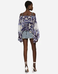 Majolica-print chiffon blouse