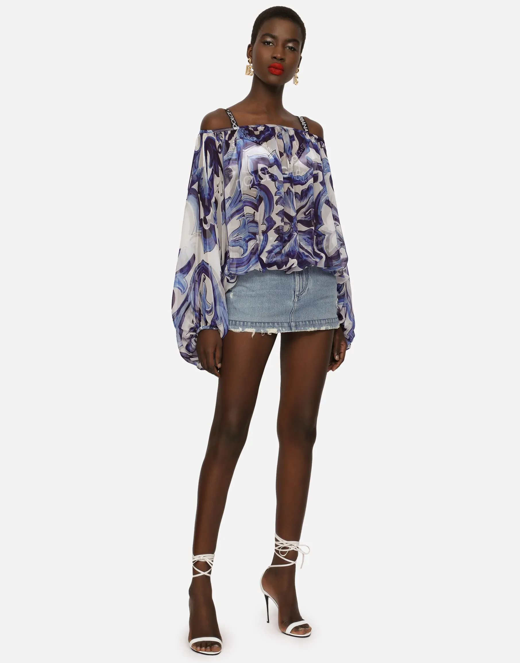 Majolica-print chiffon blouse