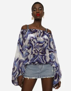 Majolica-print chiffon blouse