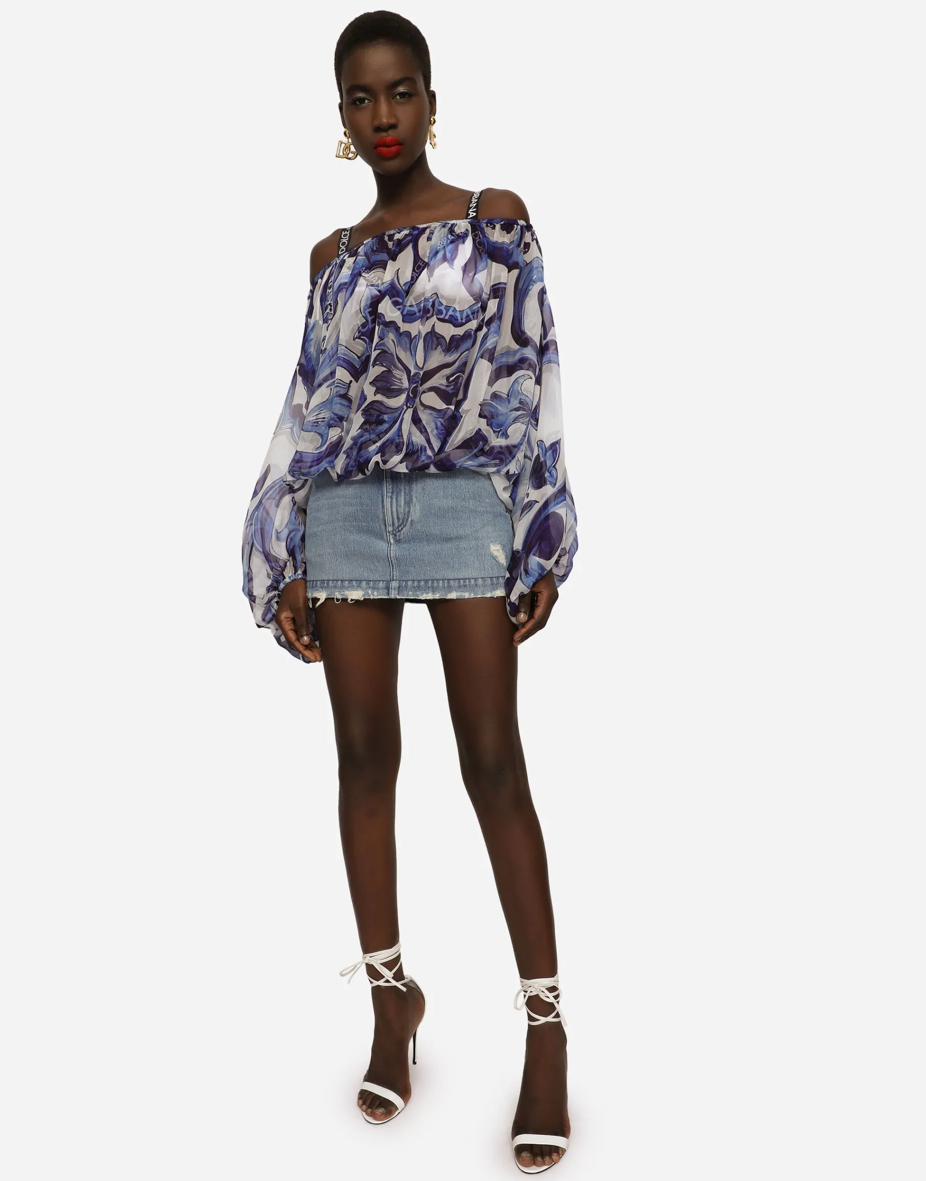 Majolica-print chiffon blouse