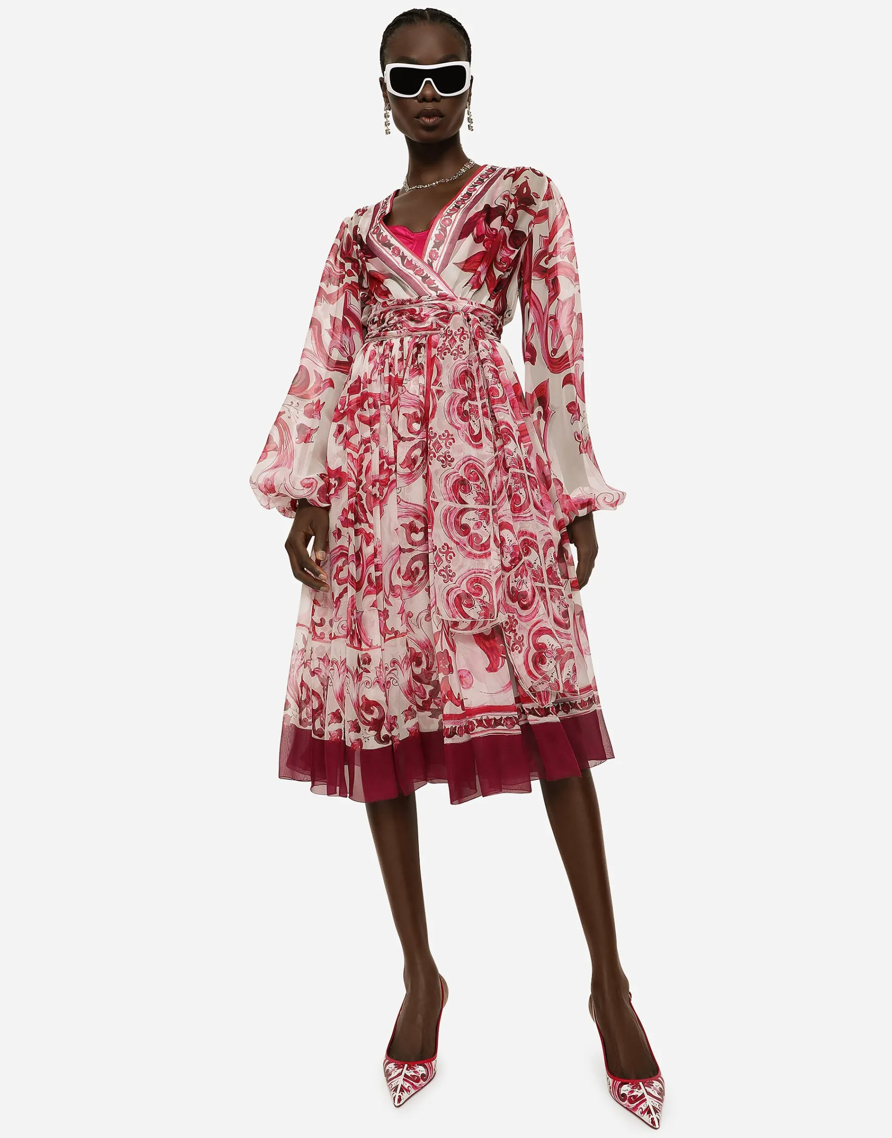 Majolica-print chiffon midi dress