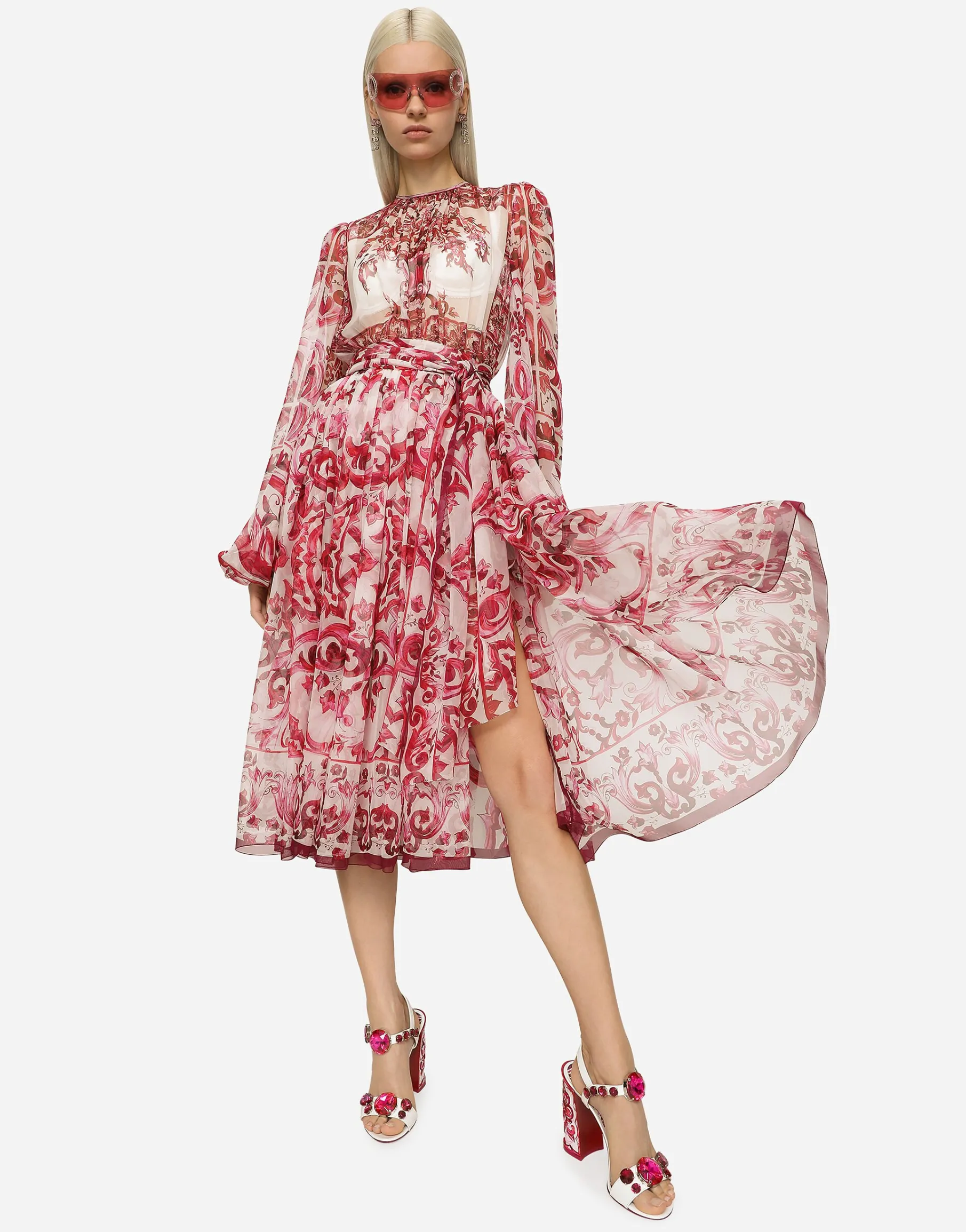 Majolica-print chiffon midi dress
