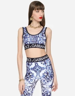 Majolica-print jersey top with branded elastic