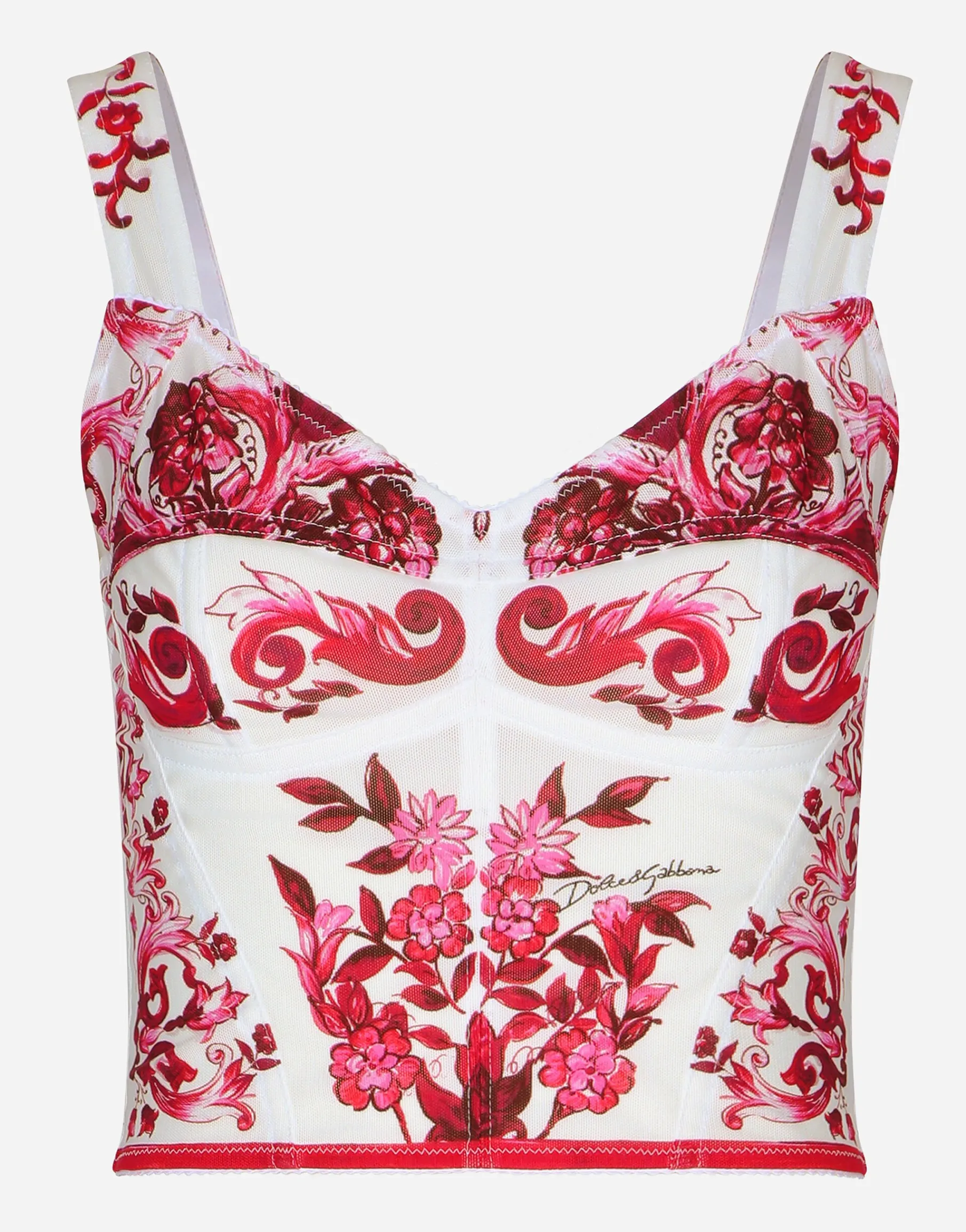 Majolica-print marquisette bustier top
