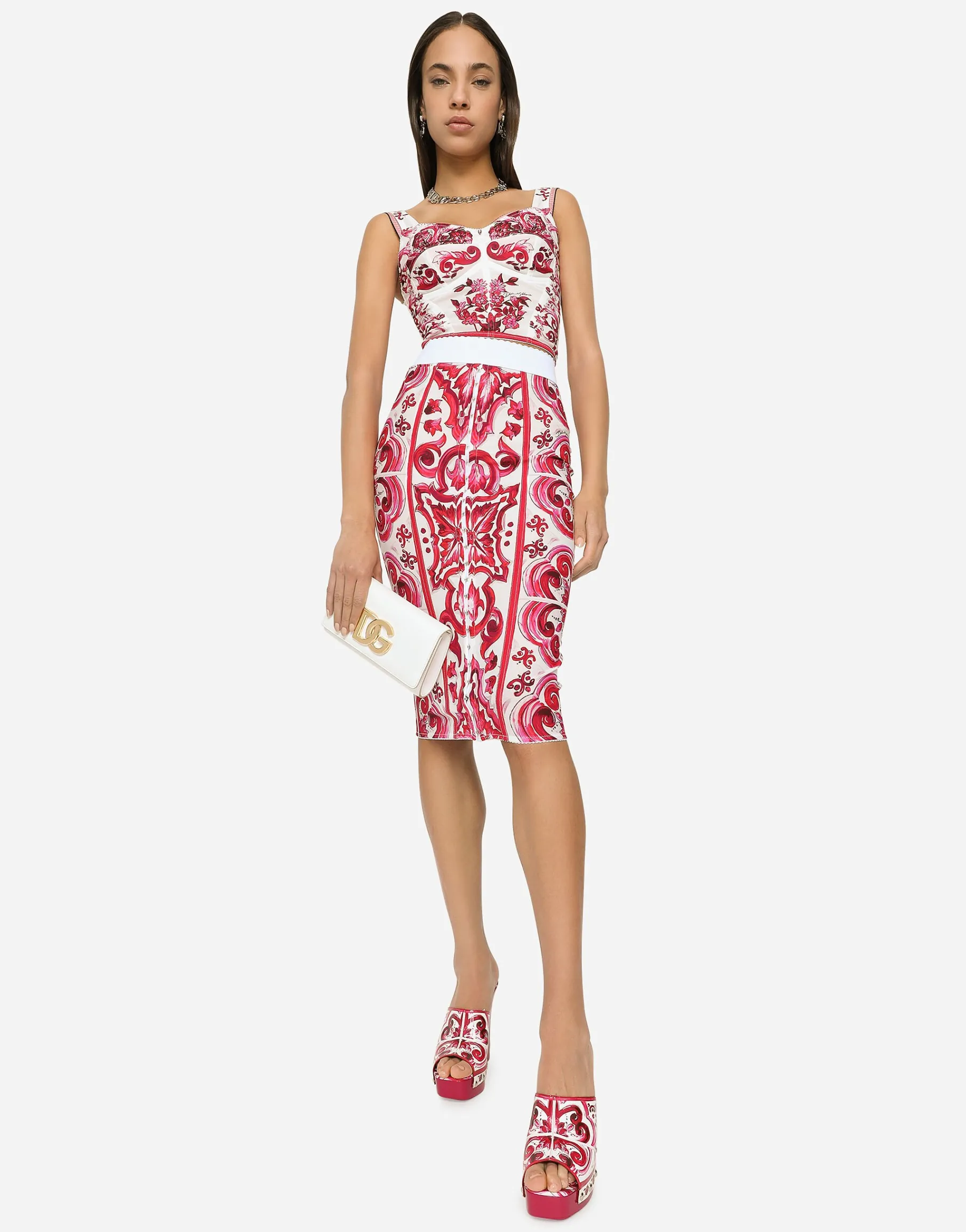 Majolica-print marquisette pencil skirt