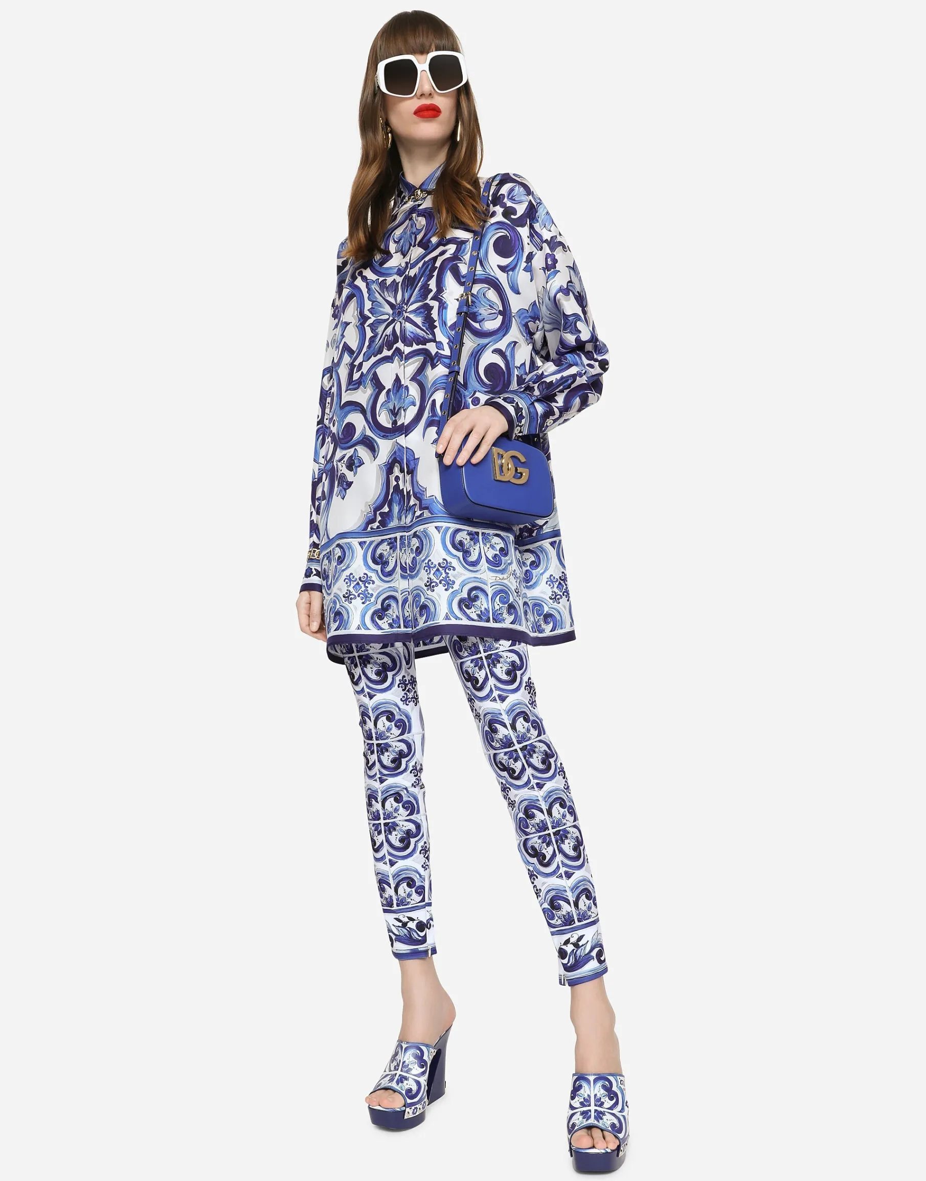 Majolica-print polished calfskin clogs