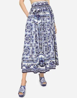 Majolica-print poplin calf-length skirt