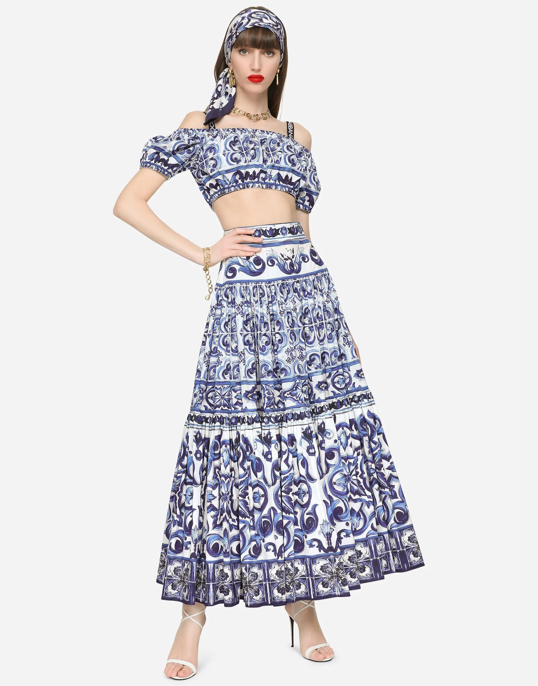 Majolica-print poplin crop top