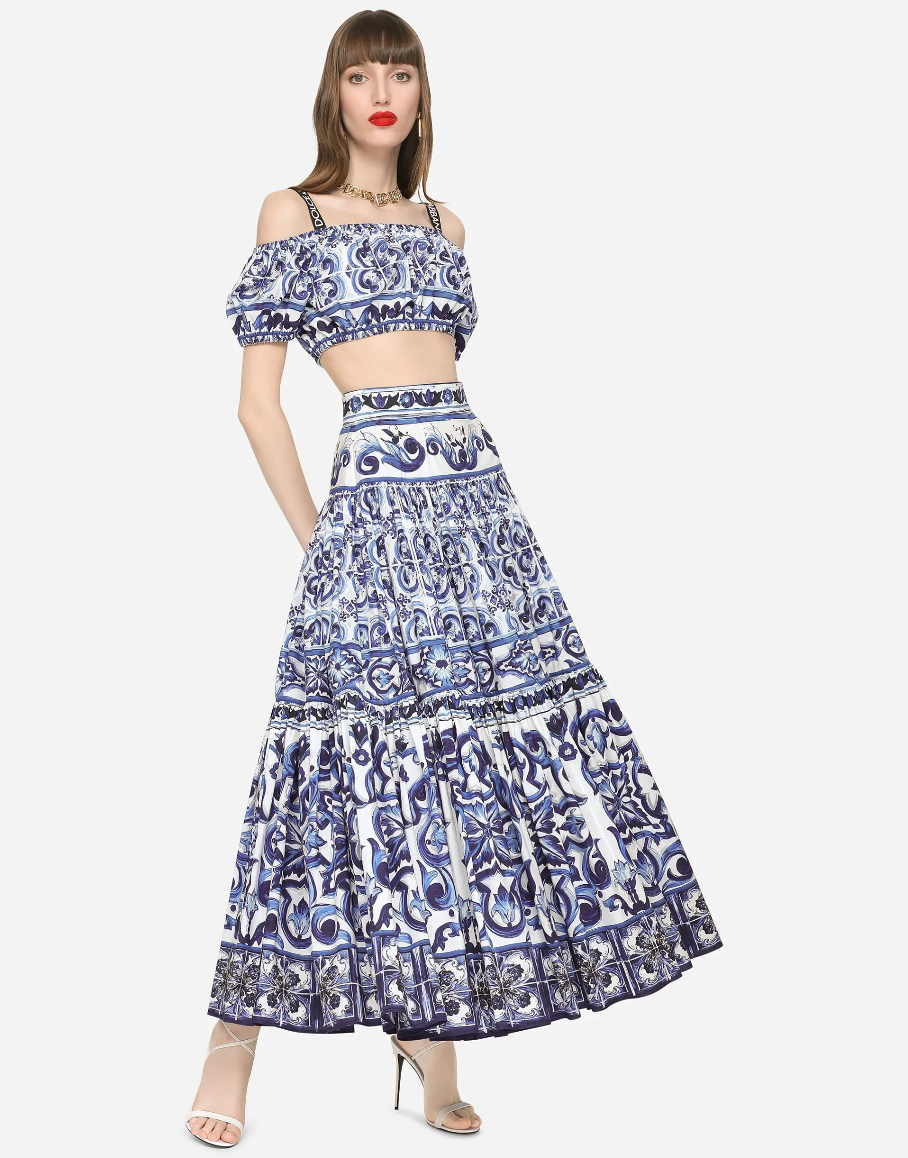 Majolica-print poplin crop top