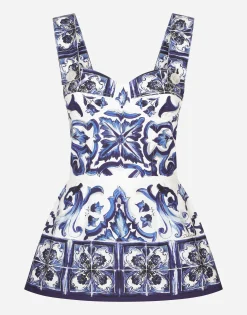 Majolica-print poplin top with peplum detail