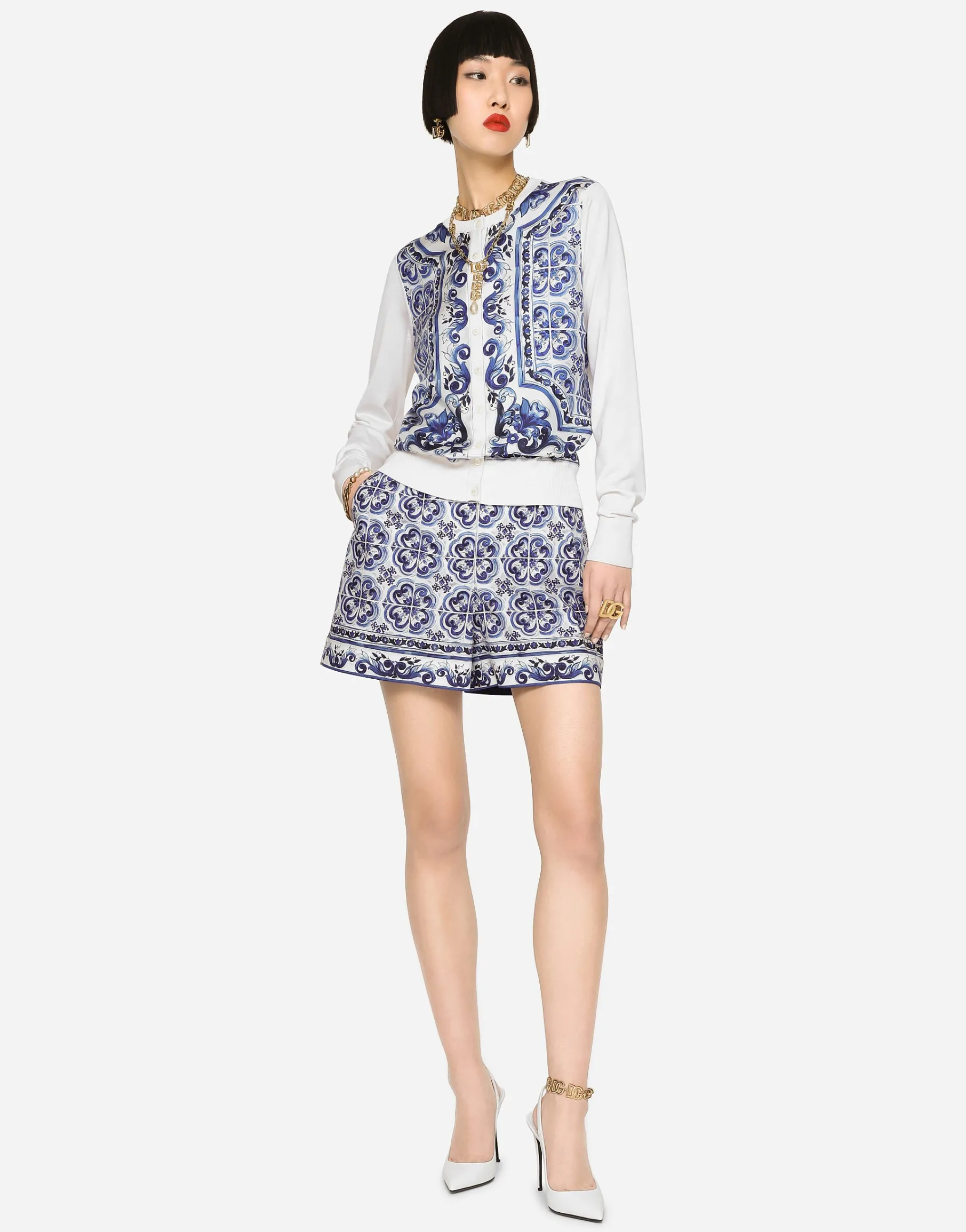Majolica-print silk and twill cardigan