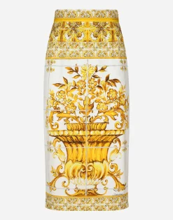 Majolica-print silk charmeuse calf-length skirt