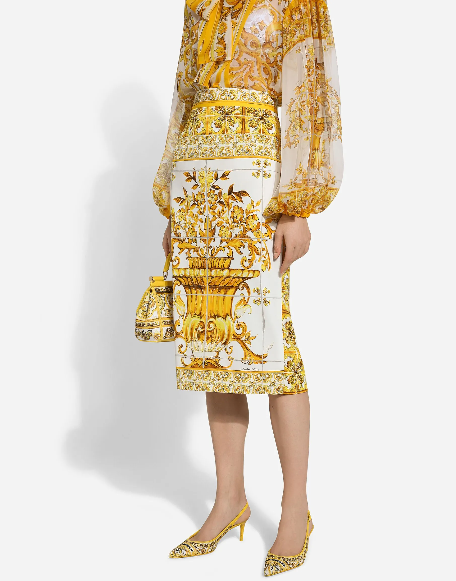 Majolica-print silk charmeuse calf-length skirt
