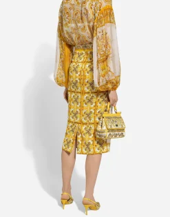 Majolica-print silk charmeuse calf-length skirt