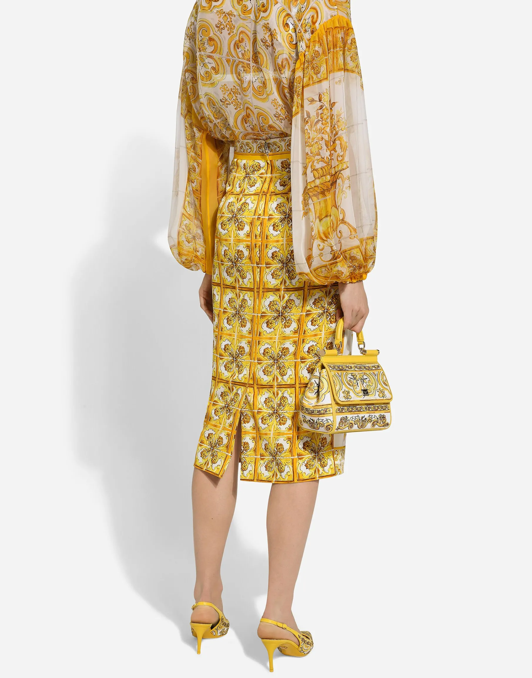 Majolica-print silk charmeuse calf-length skirt