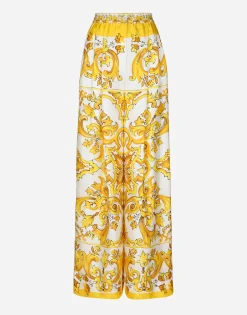 Majolica-print silk twill pants with elasticated waistband