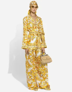 Majolica-print silk twill pants with elasticated waistband