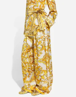 Majolica-print silk twill pants with elasticated waistband