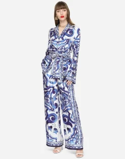 Majolica-print twill pants