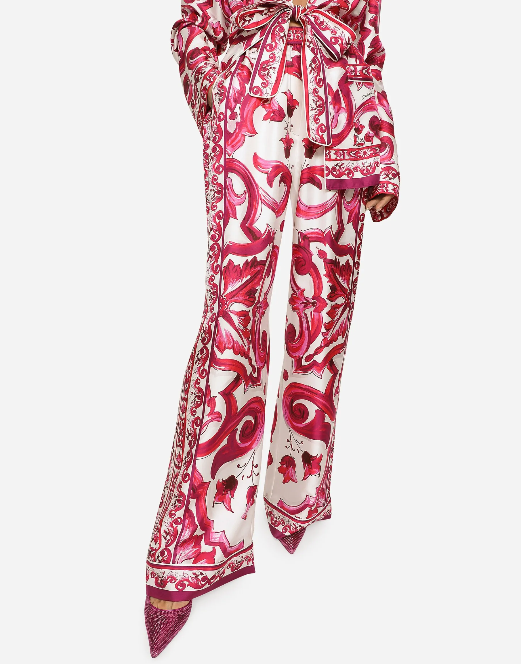 Majolica-print twill pants