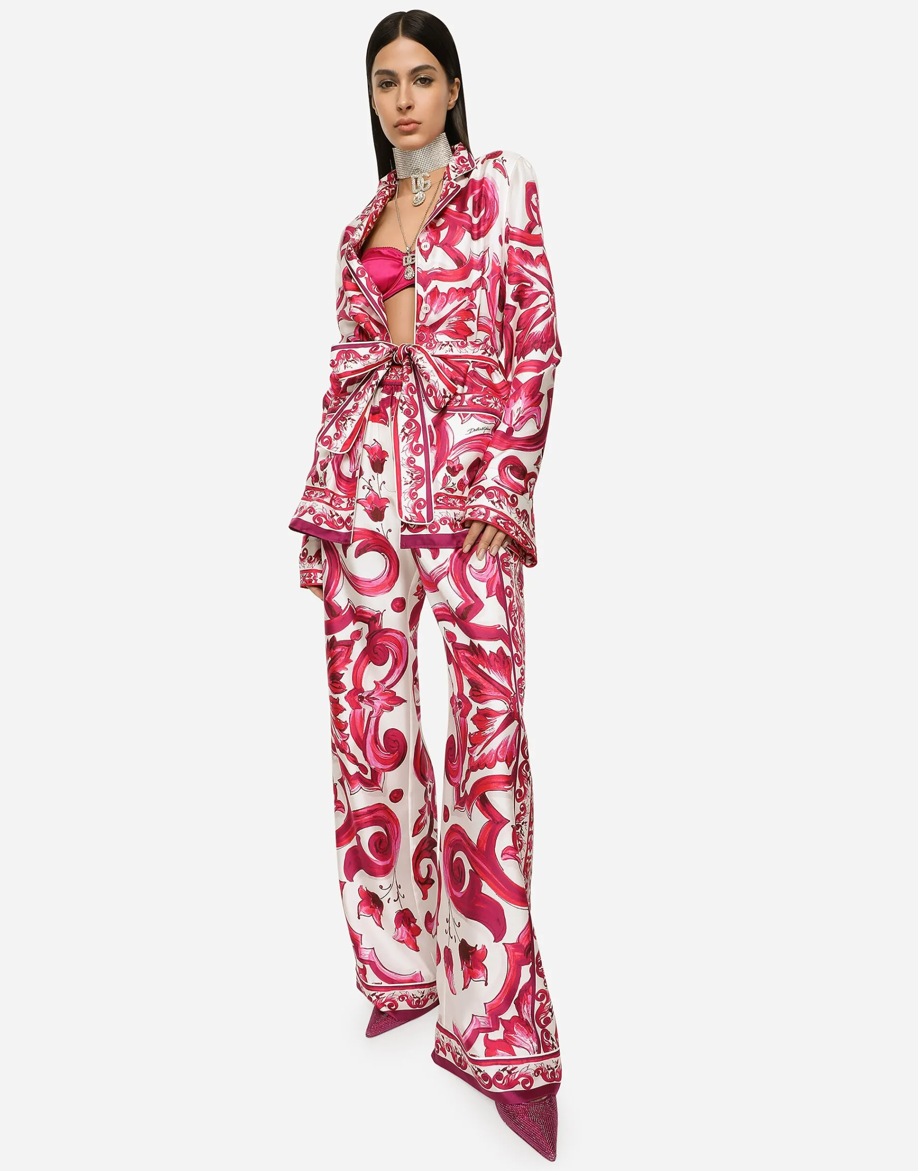 Majolica-print twill pants